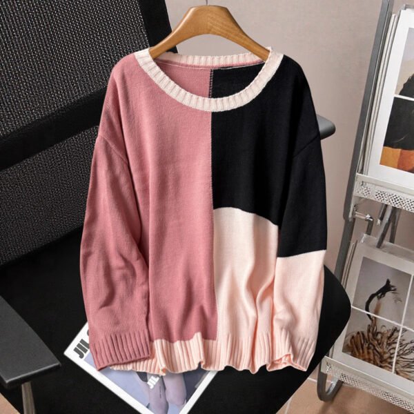 Block Color Knit Sweater Casual Pullover Top