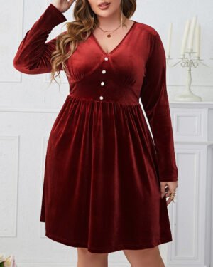 Deep Red V-Neck High-Waist Long Sleeve Midi Dress
