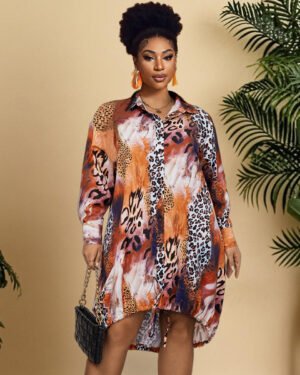 Leopard Print Polo Dress Elegant Long Sleeve Maxi Dress