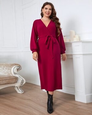 Burgundy Long Sleeve V-Neck Midi Dress