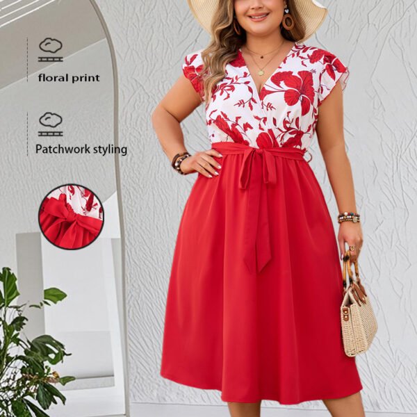 New Floral Print Red A-Line Dress with Ruffled Sleeves
