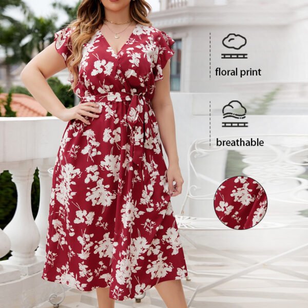 V-Neck Belted Midi Dress Red Floral Polyester Casual