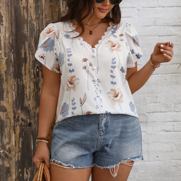 Summer V-Neck Lace Panel Printed Shirt Plus Size Women's Fashion