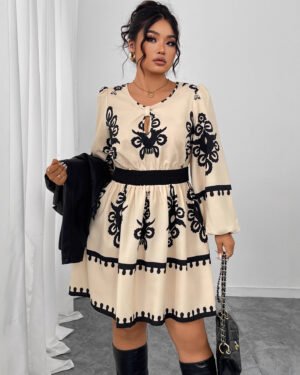 Elegant High Waist Long Sleeve Dress with Floral Print