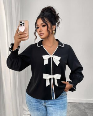 New Polo Neck Short Black Jacket with Bow Detail