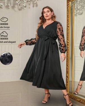 Fashionable Long Sleeve Loose Plus Size Dress with Geometric Pattern