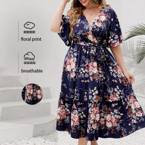 Navy Blue Floral V-Neck A-Line Dress Polyester For Casual Wear
